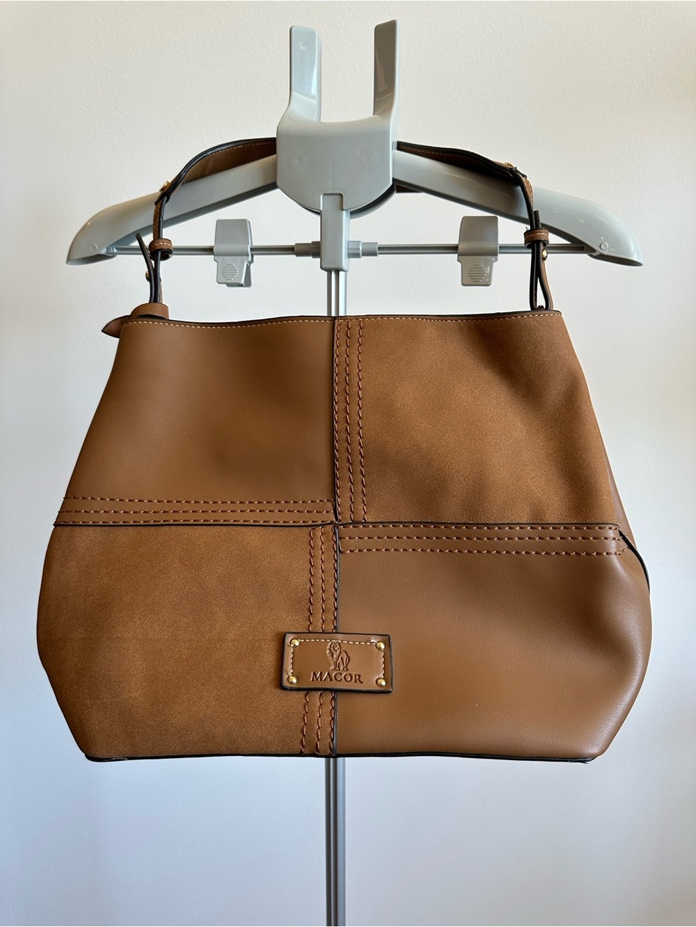 Tan Leather Shoulder Bag with Stitched Panel Detail